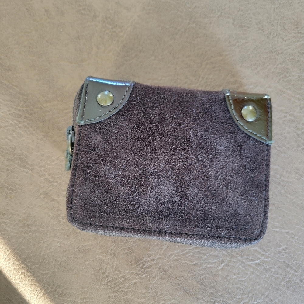 New J. Crew Mini Chocolate Brown Suede Leather Zip Around Bifold Wallet - Picture 4 of 5